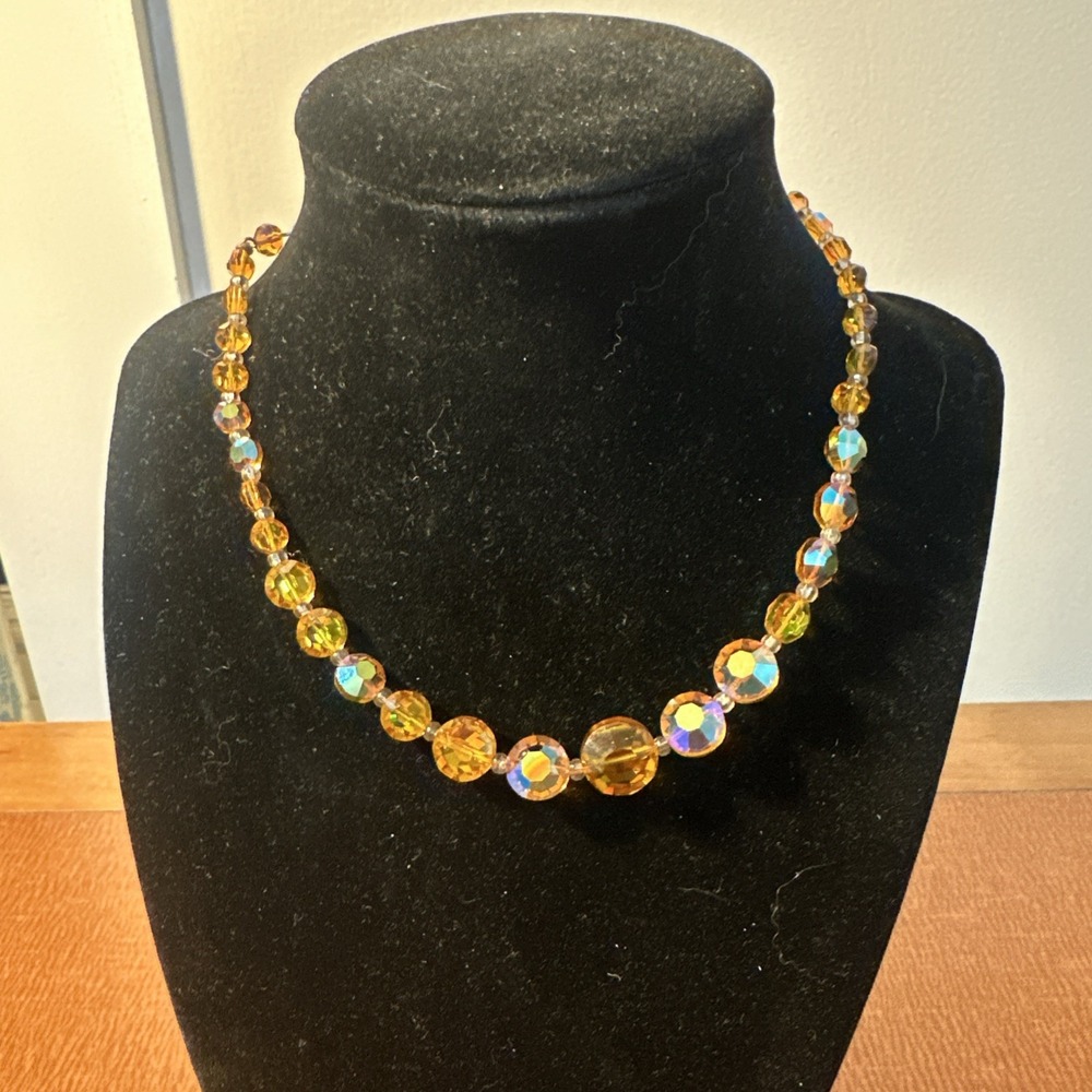 Vtg Czech Art‎ Deco Multi Faceted Orange Crystal Necklace 14.5 "